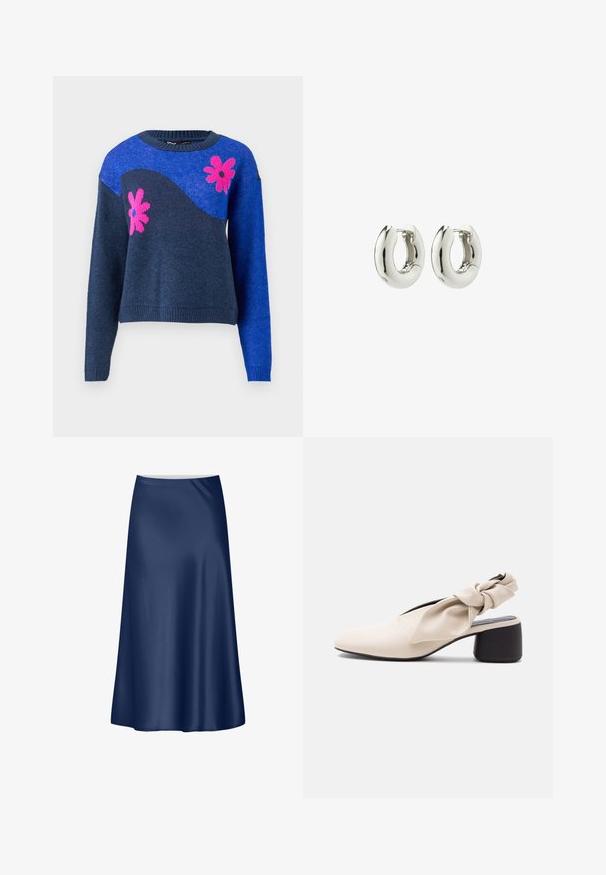 Suéter de punto azul con un diseño de olas en azul marino y patrones de flores rosas. Presenta un escote redondo y puños y dobladillo acanalados.; Falda A-line de satén en Navy con una textura suave, un diseño fluido y un corte de longitud media. Presenta una cinturilla limpia sin acentos adicionales.; Zapato beige para mujer con tacón bajo, punta afilada y detalle de tira retorcida sobre el empeine y el talón.; Pendientes de aro de plata con un diseño suave y redondeado y un acabado brillante. Presentan un cierre de bisagra sencillo para facilitar su uso.