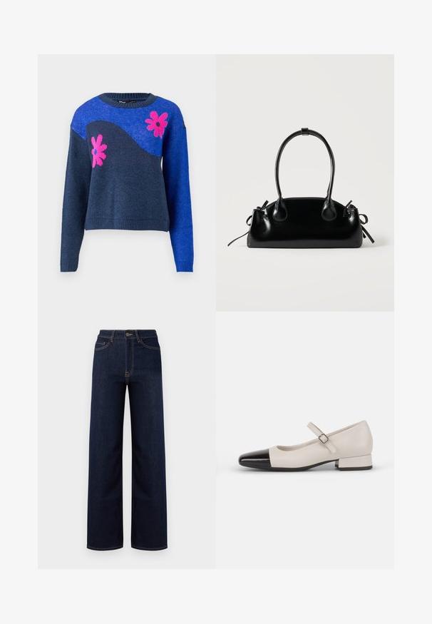 Suéter de punto azul con un diseño de olas en azul marino y patrones de flores rosas. Presenta un escote redondo y puños y dobladillo acanalados.; Jeans de corte amplio en azul oscuro hechos de denim, con una cintura alta, cuatro bolsillos y costuras en contraste a lo largo de las costuras.; Zapato estilo Mary Jane en cuero crema con puntera de charol negro. Presenta una punta redonda, tirante en el tobillo con una hebilla cuadrada y un tacón bajo y cuadrado.; Pequeño bolso negro brillante con dos asas largas y detalles de cordón lateral sobre un fondo claro liso.