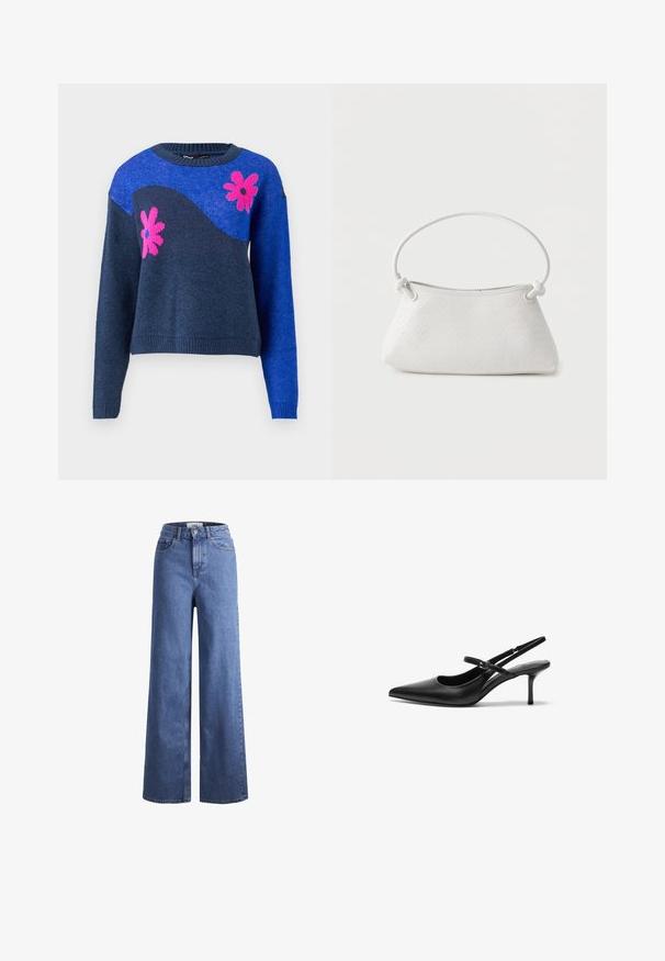 Blauer gestrickter Pullover mit einem dunkelblauen Wellenmuster und rosa Blumenmotiven. Verfügt über einen runden Halsausschnitt sowie gerippte Bündchen und Saum.; Helleblaue Denim-Weite-Leg-Jeans mit hoher Taille, zwei vorderen Taschen und sichtbarer Naht. Mit Knopf- und Reißverschluss.; Schwarze Leder Slingback-Absätze mit einer spitzen Zehenform, schmalem verstellbarem Riemen und einem etwa 5 cm hohen Stiletto-Absatz, glatte Textur.; Weiße gewebte Lederhandtasche mit abgerundetem Griff und verknoteten Riemenenden, vor schlichtem Hintergrund präsentiert.