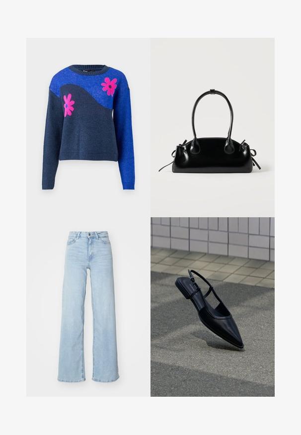 Pull en tricot bleu avec un motif de vagues bleu marine et des motifs de fleurs roses. Il a un col rond et des poignets et un ourlet côtelés.; Jeans en denim bleu clair à jambes larges. Dispose d'une taille haute, d'une fermeture à bouton à l'avant et de deux poches. Texture lisse avec un léger dégradé.; Chaussure plate noire à bout pointu avec bride arrière, flottant au-dessus d'une surface en bitume à côté d'un trottoir carrelé.; Petit sac à main noir brillant avec deux longues anses et des détails à cordon sur les côtés sur un fond clair uni.