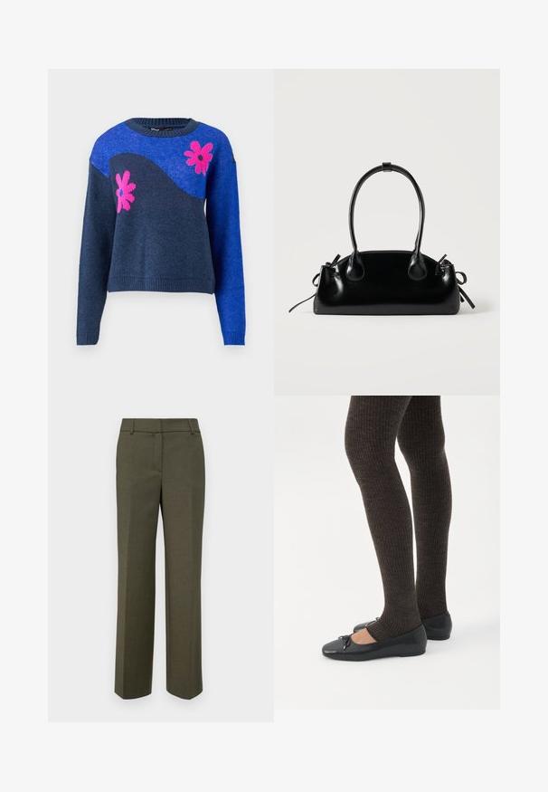Blå strikket sweater med et marineblåt bølgedesign og pink blomstermønstre. Har en rund halsudskæring samt ribbede manchetter og kant.; Olivengrøn skræddersyede bukser lavet af tekstureret stof. Har et lige ben-design med flad front og ingen synlige dekorationer.; Ben iført mørke ribbede leggings kombineret med sorte balletsko med små sløjfedetaljer på hvid baggrund.; Lille sort blank håndtaske med to lange håndtag og snøre-detaljer i siden på en ensfarvet lys baggrund.