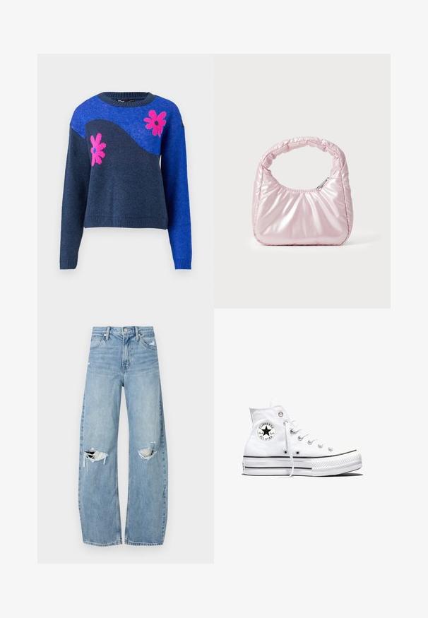 Pull en tricot bleu avec un motif de vagues bleu marine et des motifs de fleurs roses. Il a un col rond et des poignets et un ourlet côtelés.; Jeans en denim bleu clair à taille haute. Présentent des jambes larges, deux zones déchirées aux genoux et un style classique à cinq poches.; Baskets montantes blanches Converse Chuck Taylor All Star avec patch logo noir et lacets blancs, présentées sur fond blanc.; Sac à main rose rembourré avec un design arrondi, fabriqué à partir d'un matériau brillant. Dispose d'une poignée froncée et d'une fermeture éclair pour un accès sécurisé.