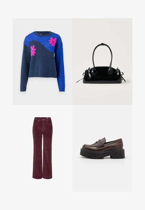 Suéter de punto azul con un diseño de olas en azul marino y patrones de flores rosas. Presenta un escote redondo y puños y dobladillo acanalados.; Pantalones de pana con diseño de pierna ancha, en un color burdeos intenso. Presentan bolsillos delanteros y trabillas para cinturón, con un acabado de tela texturizada.; Madden Girl CALISTA - Zapatos sin cordones - brown; Pequeño bolso negro brillante con dos asas largas y detalles de cordón lateral sobre un fondo claro liso.