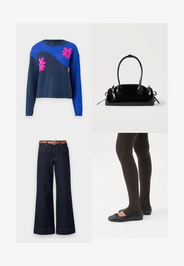 Blå strikket sweater med et marineblåt bølgedesign og pink blomstermønstre. Har en rund halsudskæring samt ribbede manchetter og kant.; Mørkeblå denim wide-leg jeans med høj talje, brun bælte og synlige syningsdetaljer. Har forlommer og en afslappet pasform.; Ben iført mørke ribbede leggings kombineret med sorte balletsko med små sløjfedetaljer på hvid baggrund.; Lille sort blank håndtaske med to lange håndtag og snøre-detaljer i siden på en ensfarvet lys baggrund.
