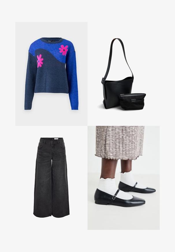 Blå strikket sweater med et marineblåt bølgedesign og pink blomstermønstre. Har en rund halsudskæring samt ribbede manchetter og kant.; Bredde ben sorte denimshorts med høj talje, forlommer og subtil tekstur; designet til en afslappet pasform.; Sorte ballerinaer med spids tå og flad hæl, der har et justerbart bånd over foden. Båret med hvide teksturerede strømper.; Sort læder bucket taske med justerbar rem kombineret med lille sort lynlåspung, sat mod en hvid baggrund.