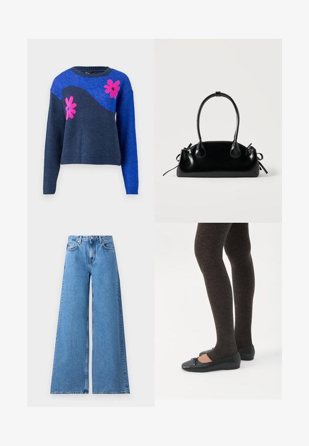Suéter de punto azul con un diseño de olas en azul marino y patrones de flores rosas. Presenta un escote redondo y puños y dobladillo acanalados.; Jeans de mezclilla azul de pierna ancha con una cintura alta, que presentan un diseño clásico de cinco bolsillos y costuras a lo largo de los lados para un detalle adicional.; Piernas con leggings oscuros acanalados combinados con bailarinas negras que presentan pequeños detalles de lazo sobre un fondo blanco.; Pequeño bolso negro brillante con dos asas largas y detalles de cordón lateral sobre un fondo claro liso.