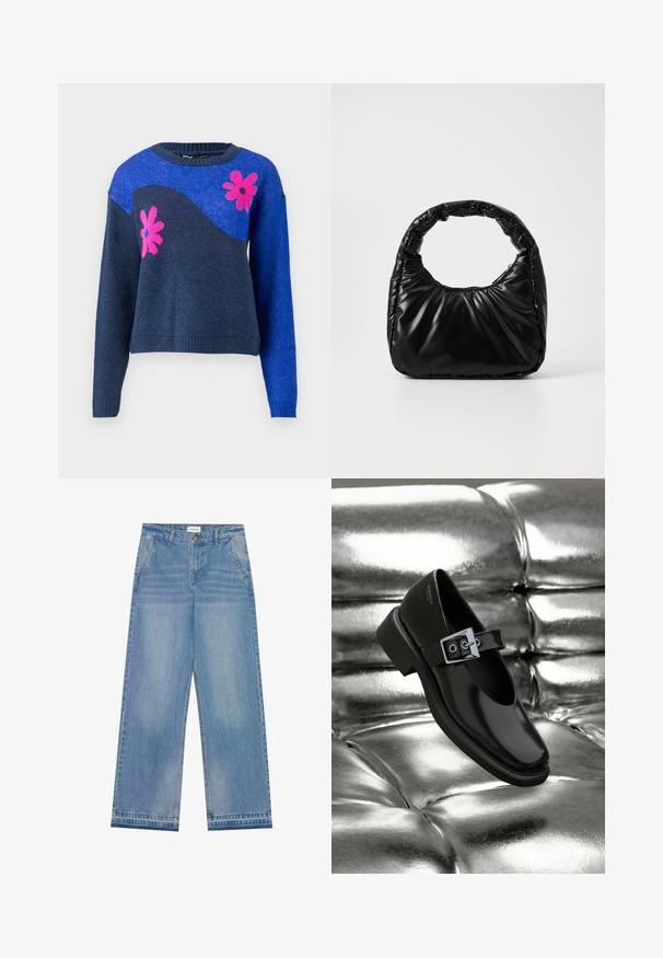 Blå strikket sweater med et marineblåt bølgedesign og pink blomstermønstre. Har en rund halsudskæring samt ribbede manchetter og kant.; Lyseblå højtaljede wide-leg jeans med knaplukning, frontlommer, bæltestropper og diskret falmet detaljer.; Sorte læder Mary Jane sko med firkantet tå, en sølv spænde accent og en chunky lav hæl, sat mod en glansfuld sølv baggrund.; Sort polstret håndtaske med et rundt håndtag, der har en glat, skinnende overflade og en blød, kviltet tekstur. Ingen synlige hardware eller accenter.