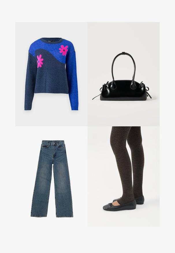 Suéter de punto azul con un diseño de olas en azul marino y patrones de flores rosas. Presenta un escote redondo y puños y dobladillo acanalados.; Jeans de mezclilla azul de pierna ancha con cintura alta, cinco bolsillos y costuras en contraste. Desvanecimientos y ligerasImperfecciones visibles en la tela.; Piernas con leggings oscuros acanalados combinados con bailarinas negras que presentan pequeños detalles de lazo sobre un fondo blanco.; Pequeño bolso negro brillante con dos asas largas y detalles de cordón lateral sobre un fondo claro liso.