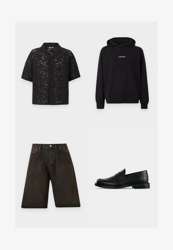 Sweat à capuche noir avec poche ventrale et logo blanc "A-COLD-WALL*" centré sur la poitrine.; Chemise noire à manches courtes avec motif floral en découpe et col classique, présentée sur un fond uni.; Short en denim noir longueur genou avec poches avant, passants de ceinture et fermeture par bouton sur un fond uni.; Mocassin penny pour homme en cuir noir avec talon bas empilé et bout arrondi, vu de profil sur fond gris clair.