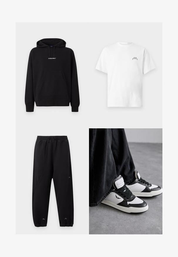 Sort hættetrøje med frontlomme og hvidt "A-COLD-WALL*" logo centreret på brystet.; Hvid kortærmet bomulds-T-shirt med lille sort "A C W" logo og parentesdesign på venstre bryst.; Sorte joggingbukser med elastisk linning og manchetter, slim fit, subtile syningsdetaljer og lille hvidt logo nær anklerne og låret.; Sorte og hvide højtop sneakers med en struktureret sort snøredetalje, lavet af læder og syntetisk materiale, med et logo på siden.