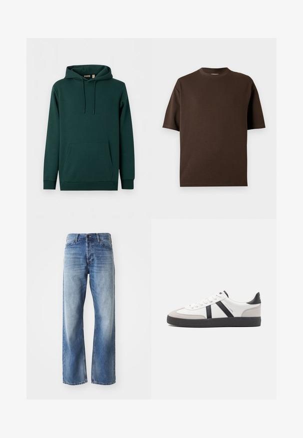 Dunkelgrüner Kapuzenpullover mit Fronttasche, Kordelzugkapuze und gerippten Bündchen und Saum auf weißem Hintergrund.; Einfarbiges dunkelbraunes Baumwoll-T-Shirt mit kurzen Ärmeln und Rundhalsausschnitt, auf weißem Hintergrund dargestellt.; Blaue Jeans mit geradem Bein aus Denim, mit leichtem Verblassen an den Oberschenkeln und Knien, ausgestattet mit fünf Taschen und einem Knopfverschluss.; Weiße Sneaker mit schwarz- und grau-aczenten, ausgestattet mit einer strukturierten grauen Zehenkappe, schwarzer Gummi-Sohle und flachen weißen Schnürsenkeln. Sauberes Design, minimalistische Stil.