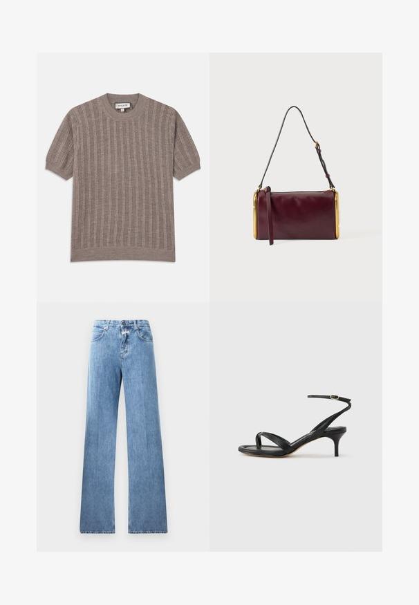 Brun ribbet kortærmet sweater med rund hals. Lavet af tekstureret strikstof, som har lodrette stribemønstre og tætsiddende kanter.; Lyseblå denim jeans med vid ben-design, fem lommer, bæltestropper og knaplukning. Stofmaterialet har en glat tekstur.; Sort damesandal i læder med tynde remme, en tå-loop, ankelspænde og en mellemhøj stiletthæl på en neutral baggrund.; Bordeauxfarvet cylindrisk skuldertaske i læder med guldfarvede metalrammedetaljer og justerbar sort rem på en lysegrå baggrund.