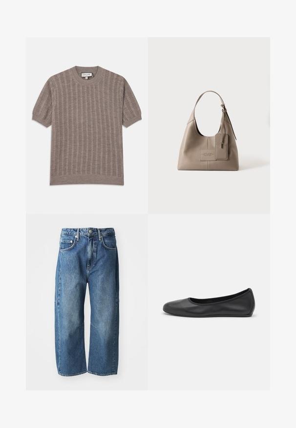 Pull à manches courtes marron à côtes avec un col rond. Fabriqué en tissu tricoté texturé, présentant des motifs de rayures verticales et des bords ajustés.; Jeans en denim bleu avec une coupe décontractée à jambes larges, dotés de poches avant, d'une fermeture à bouton et à glissière, et d'un léger délavage au niveau des genoux.; Ballerines en cuir noir avec un bout rond, texture lisse, détails de couture minimalistes et design de semelle flexible.; Sac à main en cuir taupe avec une seule bandoulière, une étiquette rectangulaire attachée et un texte embossé au centre avant sur un fond uni.