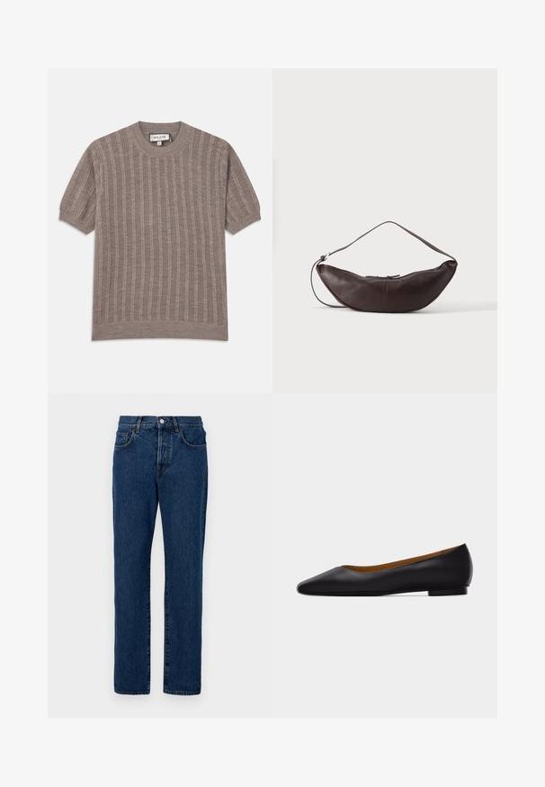 Brun ribbet kortærmet sweater med rund hals. Lavet af tekstureret strikstof, som har lodrette stribemønstre og tætsiddende kanter.; Mørkeblå denimjeans med klassisk lige benudskæring, fem lommer og synlig syning. Stoffet har en let struktur.; Sort læder flad sko med spids tå, lav hæl og glat finish, vist fra siden på en lysegrå baggrund.; Mørkebrun læder skuldertaske i halvmåneform med buet rem og synlige syninger på ensfarvet baggrund.
