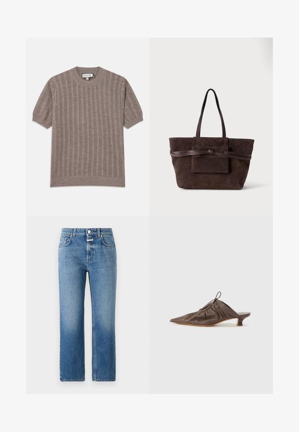 Brun ribbet kortærmet sweater med rund hals. Lavet af tekstureret strikstof, som har lodrette stribemønstre og tætsiddende kanter.; CLOSED MILO - Jeans Straight Leg - mid blue; Brun læder mule med spids tå, samlet tekstur, lille hæl og en snorede accent ved åbningen. Glat finish.; Mørkebrun ruskindstaske med to håndtag og et matchende bundet bælte, der er viklet rundt om en forlomme.