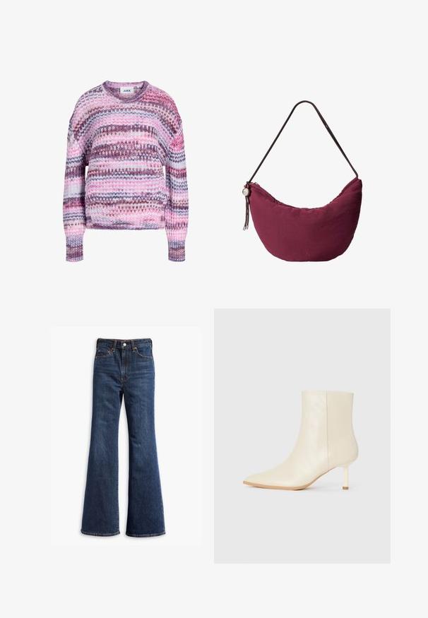 Grob gestrickter Pullover mit pinken, violetten, weißen und braunen horizontalen Streifen sowie geripptem Rundhalsausschnitt und Bündchen.; Hochtaillierte dunkelblaue Jeans mit ausgestellten Beinen, Vorderknopf- und Reißverschluss sowie Fünf-Taschen-Design.; Cremefarbene Knöchelstiefel mit spitzer Zehe und schlankem Mittelabsatz, glatte Textur, von der Außenseite auf weißem Hintergrund gezeigt.; Kleine, halbmondförmige Schultertasche in Weinrot mit dünnem Riemen, Reißverschluss und dekorativer runder Perle auf einer Seite.