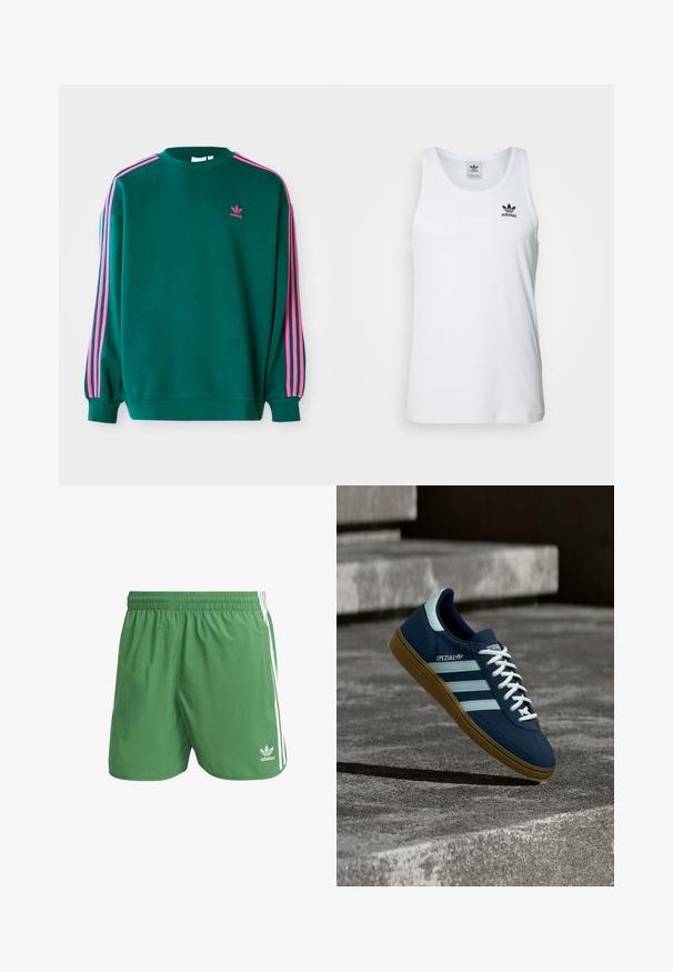 Roheline dressipluus pikade varrukatega, ümar kaelus, roosa kolme triibu aktsendid õlgadel ja väike roosa logo rinnal. Pehme kanga tekstuur.; Valge sooniline tank top ümmarguse kaelusega, must Adidas logo vasakul rinnal ning ilma varrukateta. Pehme puuvillane materjal, juhuslik sobivus.; Roheline sportlik lühikesed püksid, mis on valmistatud kergetest materjalidest, valgete küljeribade ja Adidas logo diivani vasakus ääres. Elastne vöökoht.; Sinine Adidas Spezial tennisk, valgete triipude ja paeltega, kummist tallaga, hõljub kareda betoonpinna ja sammude kohal taustal.