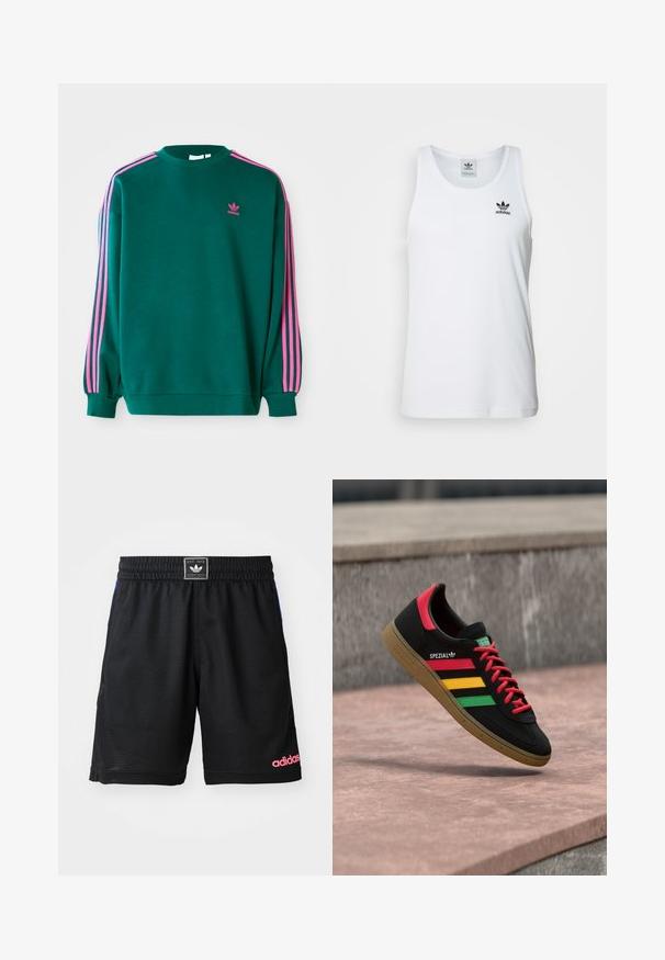 Grüner Sweatshirt mit langen Ärmeln, Rundhalsausschnitt, rosa drei Streifen Akzenten an den Schultern und kleinem rosa Logo auf der Brust. Weiche Stoffstruktur.; Weißes geripptes Tanktop mit Rundhalsausschnitt, schwarzem Adidas-Logo auf der linken Brust und ohne Ärmel. Weiches Baumwollmaterial, lässige Passform.; Schwarze Sportshorts aus strukturiertem, atmungsaktivem Material. Mit einem elastischen Bund und einem pinken "adidas"-Logo auf der unteren rechten Seite.; Schwarzer Adidas Spezial Sneaker mit roten, gelben und grünen Streifen, roten Schnürsenkeln, Gummisohle und rotem Fersen-Detail, schwebend über dem Pflaster gezeigt.