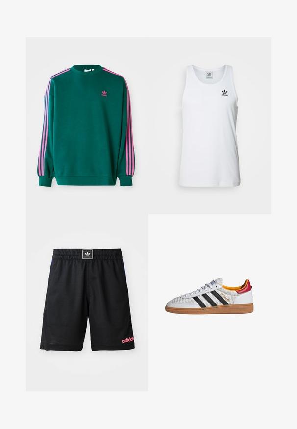 Grøn sweatshirt med lange ærmer, rund hals, pink tre-stribede detaljer på skuldrene og lille pink logo på brystet. Blødt stof.; Hvid ribbet tanktop med rund halsudskæring, sort Adidas-logo på venstre bryst og uden ærmer. Blødt bommateriale, afslappet pasform.; Sort sportsshorts lavet af tekstureret, åndbart stof. Har en elastisk talje og et pink "adidas"-logo på den nederste højre side.; Hvid Adidas Spezial sneaker med sorte striber, gummisål, quiltet mønster, rød hælflap og gul inderfor, set fra siden.