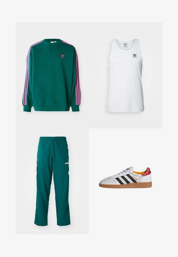 Grüner Sweatshirt mit langen Ärmeln, Rundhalsausschnitt, rosa drei Streifen Akzenten an den Schultern und kleinem rosa Logo auf der Brust. Weiche Stoffstruktur.; Weißes geripptes Tanktop mit Rundhalsausschnitt, schwarzem Adidas-Logo auf der linken Brust und ohne Ärmel. Weiches Baumwollmaterial, lässige Passform.; Grüne Sporthose aus leichtem Material, mit elastischem Bund, seitlichen Taschen und weißem Adidas-Logo auf der linken Seite.; Weißer Adidas Spezial Sneaker mit schwarzen Streifen, Gummisohle, gestepptem Muster, rotem Fersenlaschen und gelber Innenausstattung, Seitenansicht.
