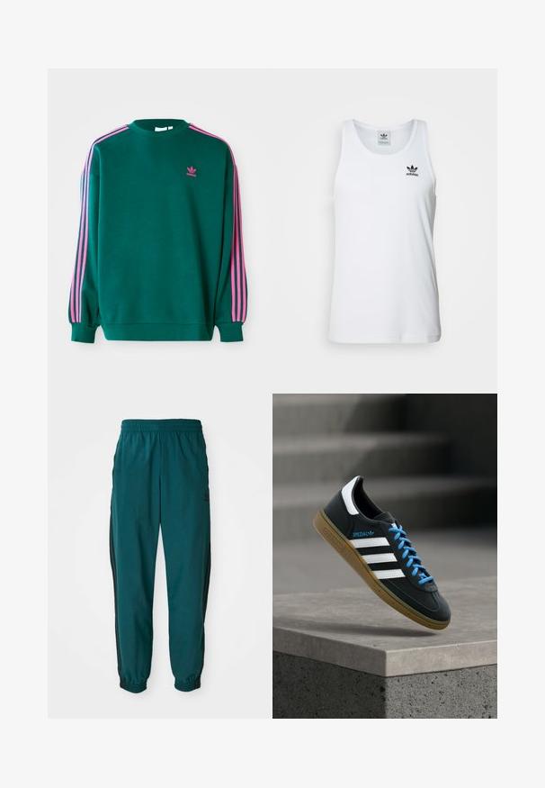 Grøn sweatshirt med lange ærmer, rund hals, pink tre-stribede detaljer på skuldrene og lille pink logo på brystet. Blødt stof.; Hvid ribbet tanktop med rund halsudskæring, sort Adidas-logo på venstre bryst og uden ærmer. Blødt bommateriale, afslappet pasform.; Teal sportsbukser med snoretræk i taljen, elastiske manchetter og sorte striber på siden. Lavet af letvægtsstof med et logo nær hoften.; Sort Adidas sneaker med hvide striber, blå snørebånd og gummisål, der svæver over gråt betontrin i blødt lys.