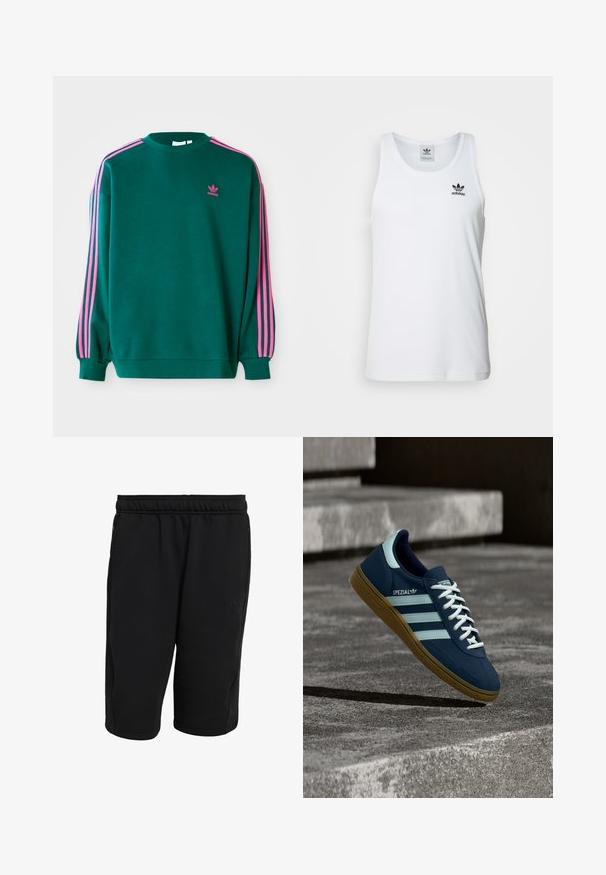 Roheline dressipluus pikade varrukatega, ümar kaelus, roosa kolme triibu aktsendid õlgadel ja väike roosa logo rinnal. Pehme kanga tekstuur.; Valge sooniline tank top ümmarguse kaelusega, must Adidas logo vasakul rinnal ning ilma varrukateta. Pehme puuvillane materjal, juhuslik sobivus.; Mustad sportlühikesed püksid, valmistatud pehmest, elastset kangast. Varustatud elastse vöökohaga, küljetaskute ja tagasihoidliku brändinguga alumisel vasakul jalal.; Sinine Adidas Spezial tennisk, valgete triipude ja paeltega, kummist tallaga, hõljub kareda betoonpinna ja sammude kohal taustal.