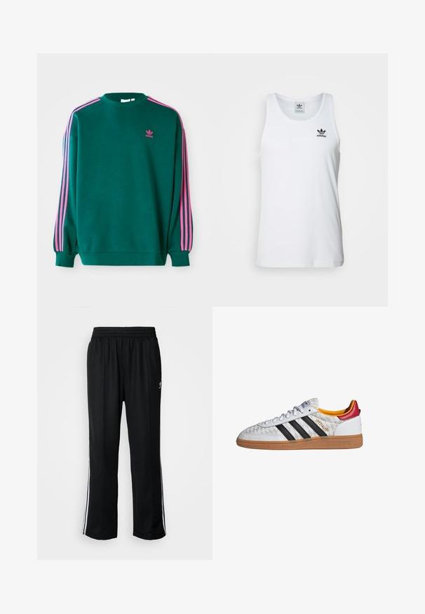 Grüner Sweatshirt mit langen Ärmeln, Rundhalsausschnitt, rosa drei Streifen Akzenten an den Schultern und kleinem rosa Logo auf der Brust. Weiche Stoffstruktur.; Weißes geripptes Tanktop mit Rundhalsausschnitt, schwarzem Adidas-Logo auf der linken Brust und ohne Ärmel. Weiches Baumwollmaterial, lässige Passform.; Schwarze Sporthosen mit elastischem Bund, ausgestattet mit weißen Seitenstreifen und einem kleinen Logo. Das Material wirkt weich und leicht.; Weißer Adidas Spezial Sneaker mit schwarzen Streifen, Gummisohle, gestepptem Muster, rotem Fersenlaschen und gelber Innenausstattung, Seitenansicht.