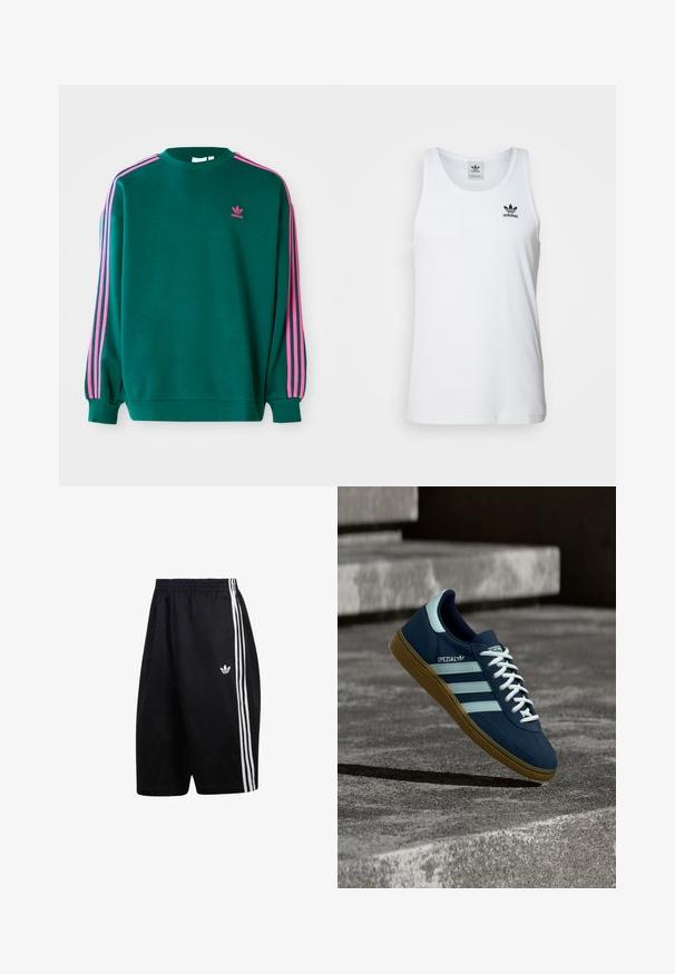 Grøn sweatshirt med lange ærmer, rund hals, pink tre-stribede detaljer på skuldrene og lille pink logo på brystet. Blødt stof.; Hvid ribbet tanktop med rund halsudskæring, sort Adidas-logo på venstre bryst og uden ærmer. Blødt bommateriale, afslappet pasform.; Sorte atletikshorts med elastisk talje, tre hvide sidelommer og lille hvid Adidas-logo på venstre ben.; Blå Adidas Spezial sneaker med hvide striber og snørebånd, gummisål, svævende over en ru betongoverflade og trin i baggrunden.