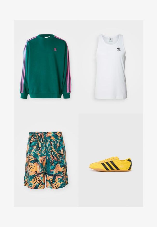 Roheline dressipluus pikade varrukatega, ümar kaelus, roosa kolme triibu aktsendid õlgadel ja väike roosa logo rinnal. Pehme kanga tekstuur.; Valge sooniline tank top ümmarguse kaelusega, must Adidas logo vasakul rinnal ning ilma varrukateta. Pehme puuvillane materjal, juhuslik sobivus.; Ujumisšortid, millel on oranž, teal ja must džungli lehtede muster, valmistatud kergetest materjalidest, millel on mugav elastne vöökoht.; Kollane sportlik jalanõu tekstuurse pealiskihiga, millel on mustad triibud ja logo. Ümar nina, pehme tallaosa ning materjalil siksakmuster.