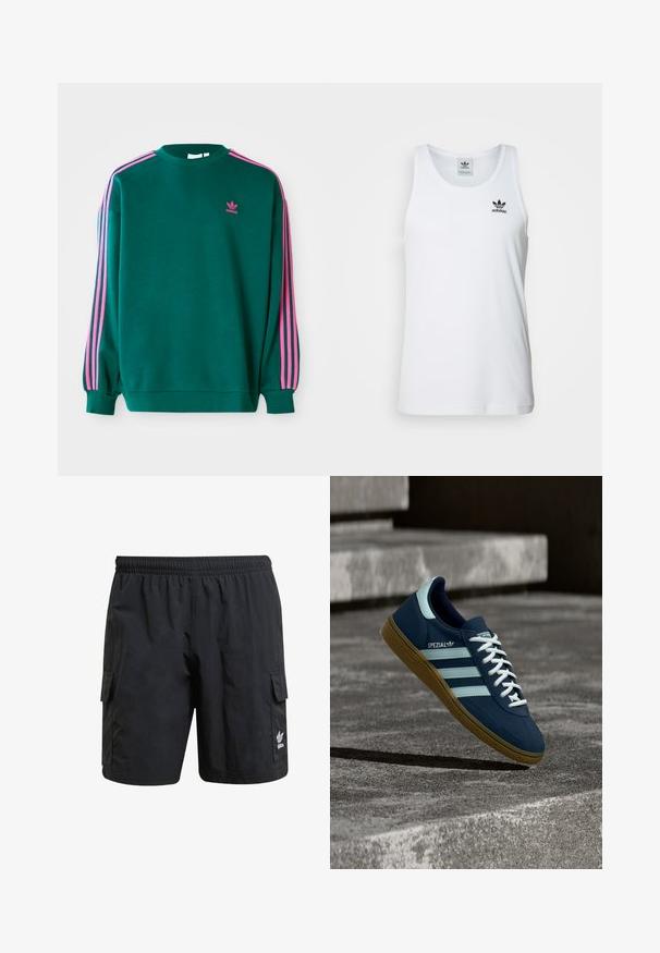 Sudadera verde con mangas largas, cuello redondo, acentos en tres franjas rosas en los hombros y pequeño logo rosa en el pecho. Textura de tela suave.; Top sin mangas blanco con canalé y escote redondo, logo negro de Adidas en el lado izquierdo del pecho. Material de algodón suave, corte casual.; Pantalones cortos de carga negros con cintura elástica, dos bolsillos laterales y un logo en la parte inferior de la pierna. Hechos de una tela ligera con una textura suave.; Zapatilla azul Adidas Spezial con rayas y cordones blancos, suela de goma, flotando sobre una superficie de hormigón rugosa y escaleras de fondo.