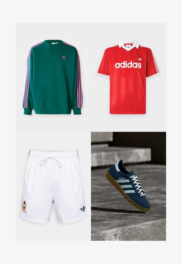 Πράσινο sweatshirt με μακριά μανίκια, στρογγυλή λαιμόκοψη, ροζ τρεις-γραμμές λεπτομέρειες στους ώμους και μικρό ροζ λογότυπο στο στήθος. Μαλακή υφή υφάσματος.; Κόκκινη αθλητική φανέλα Adidas με λευκό γιακά, τρεις λευκές ρίγες στα μανίκια και το λογότυπο Adidas στο κέντρο του στήθους.; Λευκά αθλητικά σορτς με κάθετες ρίγες, ελαστική μέση, κορδόνι, κεντητό έμβλημα στο αριστερό πόδι και πράσινο λογότυπο στο δεξί πόδι.; Μπλε sneaker Adidas Spezial με λευκές ρίγες και κορδόνια, λαστιχένια σόλα, αιωρείται πάνω από τραχιά επιφάνεια σκυροδέματος και σκαλοπάτια στο φόντο.