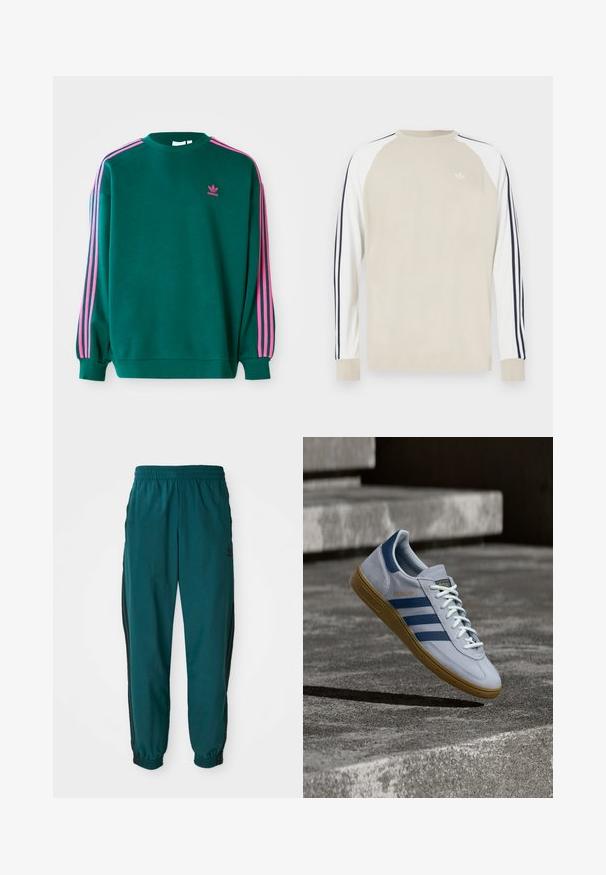 Sudadera verde con mangas largas, cuello redondo, acentos en tres franjas rosas en los hombros y pequeño logo rosa en el pecho. Textura de tela suave.; Camiseta de manga larga beige con mangas raglán blancas y rayas azul marino a los lados. Presenta un pequeño logo blanco en el pecho.; Pantalones deportivos en color verde azulado con cintura ajustable por cordón, puños elásticos y rayas negras en los lados. Fabricados con un tejido ligero, presentan un logo cerca de la cadera.; Zapatilla Adidas Spezial azul claro con rayas azul marino y suela de goma, mostrada en el aire sobre escalones de hormigón en un entorno exterior neutral.