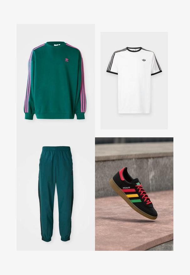 Grüner Sweatshirt mit langen Ärmeln, Rundhalsausschnitt, rosa drei Streifen Akzenten an den Schultern und kleinem rosa Logo auf der Brust. Weiche Stoffstruktur.; Weißes Baumwoll-T-Shirt mit schwarzem Rippenkragen und Ärmeln, mit drei schwarzen Streifen auf jeder Schulter und einem kleinen Logo auf der Brust.; Türkise Sporthose mit einem Kordelzugbund, elastischen Bündchen und seitlichen schwarzen Streifen. Hergestellt aus leichtem Stoff und mit einem Logo in der Nähe der Hüfte.; Schwarzer Adidas Spezial Sneaker mit roten, gelben und grünen Streifen, roten Schnürsenkeln, Gummisohle und rotem Fersen-Detail, schwebend über dem Pflaster gezeigt.