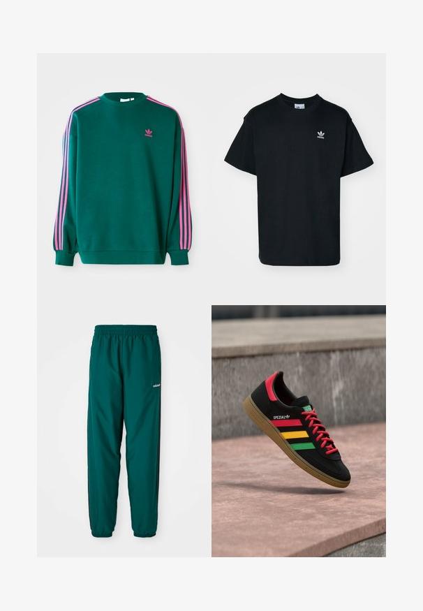 Πράσινο sweatshirt με μακριά μανίκια, στρογγυλή λαιμόκοψη, ροζ τρεις-γραμμές λεπτομέρειες στους ώμους και μικρό ροζ λογότυπο στο στήθος. Μαλακή υφή υφάσματος.; Μαύρο βαμβακερό μπλουζάκι με στρογγυλή λαιμόκοψη και κοντά μανίκια, με ένα μικρό άσπρο λογότυπο Adidas στην αριστερή πλευρά του στήθους.; Πράσινο αθλητικό παντελόνι από ελαφρύ ύφασμα, με ελαστική μέση, πλαϊνές τσέπες και μαύρες λωρίδες στις πλευρές. Ορατό λογότυπο Adidas.; Μαύρο αθλητικό παπούτσι Adidas Spezial με κόκκινες, κίτρινες και πράσινες ρίγες, κόκκινες κορδόνια, λαστιχένια σόλα και κόκκινη λεπτομέρεια στη φτέρνα, που αιωρείται πάνω από το πεζοδρόμιο.