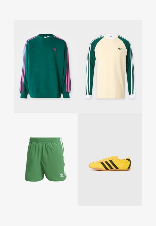 Πράσινο sweatshirt με μακριά μανίκια, στρογγυλή λαιμόκοψη, ροζ τρεις-γραμμές λεπτομέρειες στους ώμους και μικρό ροζ λογότυπο στο στήθος. Μαλακή υφή υφάσματος.; Μπεζ πουκάμισο με μακριά μανίκια με σκούρα πράσινα raglan μανίκια, λευκά μανσέτες, λευκές ρίγες στα μανίκια και μικρό πράσινο λογότυπο Adidas στο στήθος.; Πράσινα αθλητικά σορτς από ελαφρύ ύφασμα, με λευκές ρίγες στο πλάι και το λογότυπο της Adidas στο αριστερό στρίφωμα. Ελαστική μέση.; Κίτρινο αθλητικό παπούτσι με υφή στο επάνω μέρος, με μαύρες ρίγες και λογότυπο. Στρογγυλεμένη μύτη, μαλακή σόλα και ζιγκ-ζαγκ σχέδιο στο υλικό.