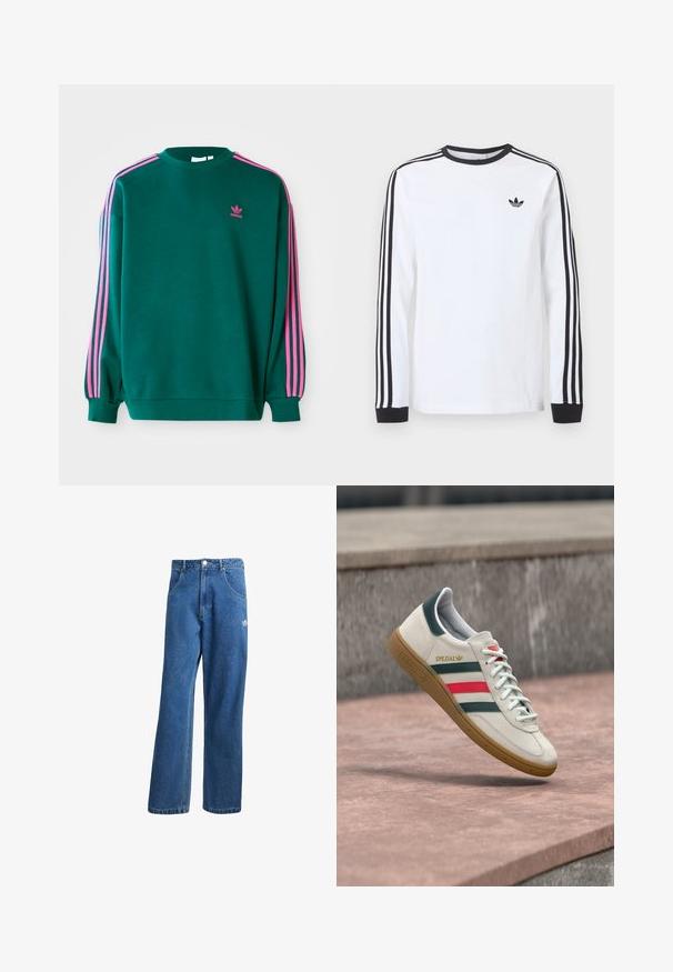 Grüner Sweatshirt mit langen Ärmeln, Rundhalsausschnitt, rosa drei Streifen Akzenten an den Schultern und kleinem rosa Logo auf der Brust. Weiche Stoffstruktur.; Weißes Adidas-Langarmshirt mit schwarzem Rundhalsausschnitt, schwarzen Bündchen, drei schwarzen Streifen an den Ärmeln und schwarzem Trefoil-Logo auf der Brust.; Blaue hohe, weite Jeans mit Fronttaschen, Gürtelschlaufen, Knopfverschluss und kleinem Adidas-Logo am rechten Oberschenkel.; Weißer Adidas Sneaker mit grünen und roten Streifen, Gummisohle und "SPEZIAL"-Branding, der über einem Steinpflaster schwebt.