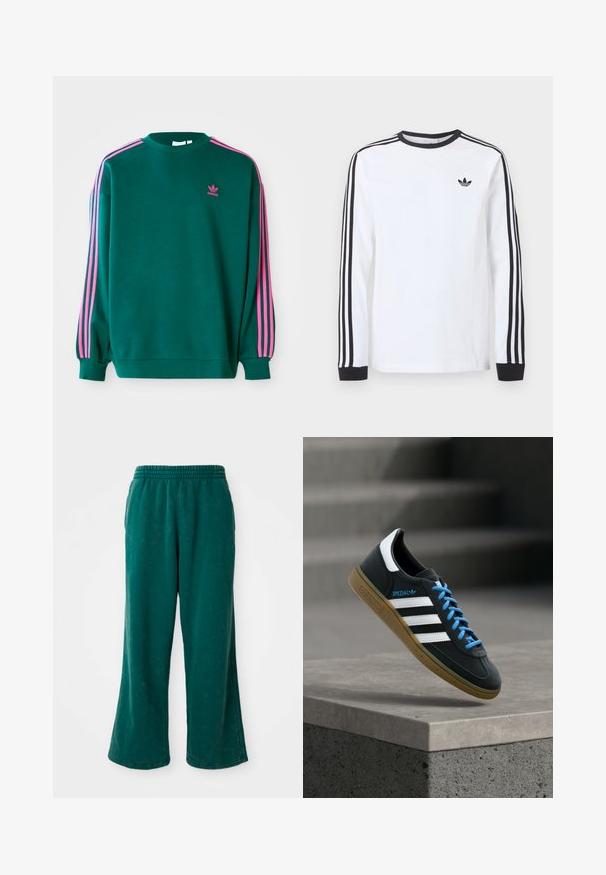 Πράσινο sweatshirt με μακριά μανίκια, στρογγυλή λαιμόκοψη, ροζ τρεις-γραμμές λεπτομέρειες στους ώμους και μικρό ροζ λογότυπο στο στήθος. Μαλακή υφή υφάσματος.; Λευκό μπλουζάκι Adidas με μακριά μανίκια, μαύρο στρογγυλό λαιμόκοψη, μαύρα μανσέτα, τρεις μαύρες ρίγες στα μανίκια και μαύρο λογότυπο trefoil στο στήθος.; Πράσινα, φαρδιά παντελόνια φόρμας με απαλή υφή, διαθέτοντας ελαστική μέση και πλαινές τσέπες. Ανθεκτικό ύφασμα με άνετη εφαρμογή.; Μαύρο αθλητικό παπούτσι Adidas με λευκές ρίγες, μπλε κορδόνια και καουτσούκ σόλα να αιωρείται πάνω από γκρίζο τσιμεντένιο σκαλοπάτι σε απαλό φως.