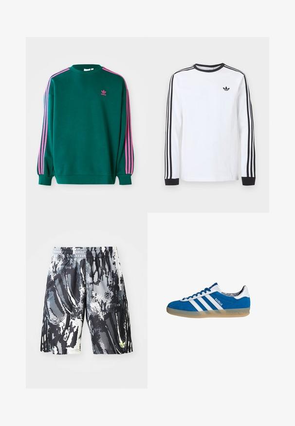 Grøn sweatshirt med lange ærmer, rund hals, pink tre-stribede detaljer på skuldrene og lille pink logo på brystet. Blødt stof.; Hvid langærmet Adidas-trøje med sort rund hals, sorte manchetter, tre sorte striber ned langs ærmerne og sort trekløverlogo på brystet.; Sorte og grå mønstrede træningsshorts med elastisk talje, der har et digitalt abstrakt design og en lille neonaccent.; Blå og hvide Adidas Gazelle sneaker med gummisål og tre hvide striber, set fra siden på en hvid baggrund.