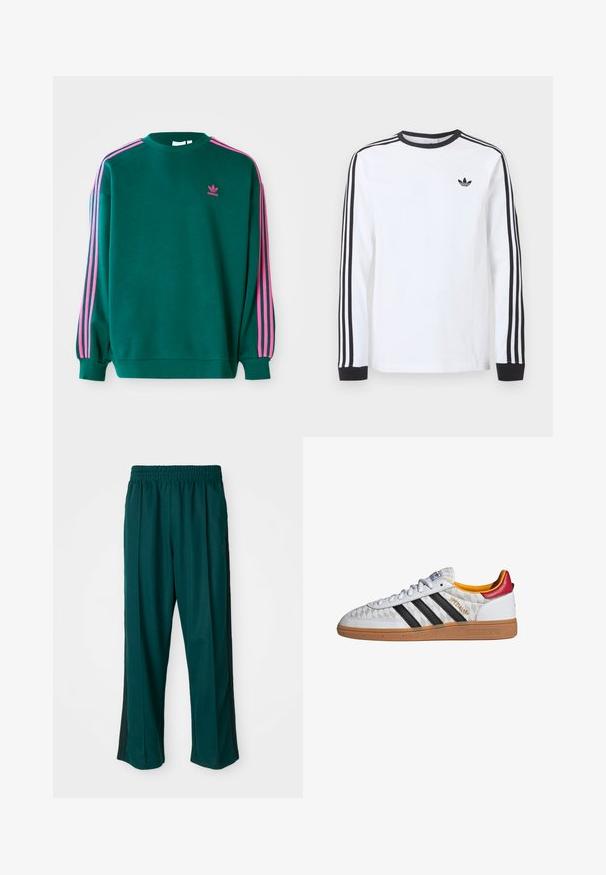 Grøn sweatshirt med lange ærmer, rund hals, pink tre-stribede detaljer på skuldrene og lille pink logo på brystet. Blødt stof.; Hvid langærmet Adidas-trøje med sort rund hals, sorte manchetter, tre sorte striber ned langs ærmerne og sort trekløverlogo på brystet.; Mørkegrønne træningsbukser med elastisk talje, lige ben og sorte sidelister. Fremstillet af blødt, strækbart stof.; Hvid Adidas Spezial sneaker med sorte striber, gummisål, quiltet mønster, rød hælflap og gul inderfor, set fra siden.