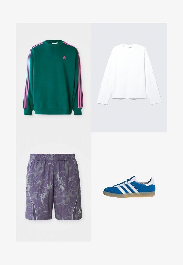 Sudadera verde con mangas largas, cuello redondo, acentos en tres franjas rosas en los hombros y pequeño logo rosa en el pecho. Textura de tela suave.; Camiseta blanca lisa de manga larga con cuello redondo, corte holgado y etiqueta de la marca visible en el cuello, colocada plana sobre un fondo claro.; Pantalones cortos deportivos morados con patrones abstractos plateados, cinturilla elástica, ribetes laterales y logo de Adidas en la parte inferior de la pierna derecha.; Zapatilla Adidas Gazelle azul y blanca con suela de goma y tres franjas blancas, vista desde un lado sobre un fondo blanco.