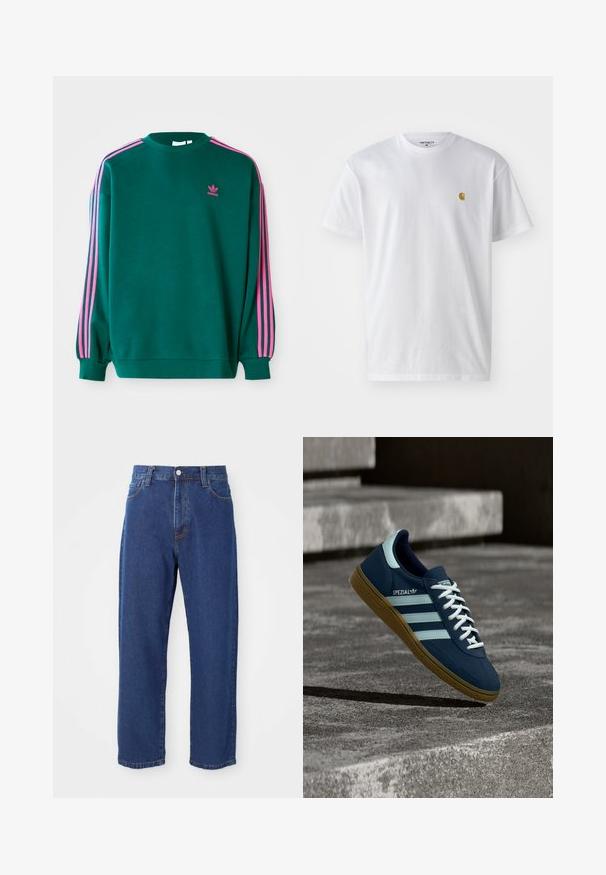 Grüner Sweatshirt mit langen Ärmeln, Rundhalsausschnitt, rosa drei Streifen Akzenten an den Schultern und kleinem rosa Logo auf der Brust. Weiche Stoffstruktur.; Weißes Baumwoll-T-Shirt mit kurzen Ärmeln, Rundhalsausschnitt, mit einem kleinen goldenen Logo im linken Brustbereich. Weicher Stoff und normale Passform.; Hoch taillierte blaue Jeans aus Denim, mit geradem Bein, sichtbaren Nähten und einem Frontknopfverschluss.; Blauer Adidas Spezial Sneaker mit weißen Streifen und Schnürsenkeln, Gummisohle, schwebend über rauer Betonoberfläche und Treppen im Hintergrund.