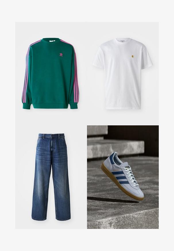 Grøn sweatshirt med lange ærmer, rund hals, pink tre-stribede detaljer på skuldrene og lille pink logo på brystet. Blødt stof.; Hvid bomulds t-shirt med korte ærmer, rund hals og et lille guld logo på venstre brystområde. Blød tekstur og almindelig pasform.; Højtaljede blå denimjeans med vid benvidde, der har subtil falming, forlommer og en knaplukning i taljen.; Lyseblå Adidas Spezial sneakers med marineblå striber og gummisål, vist i luften over betontrapper i et neutralt udendørsmiljø.