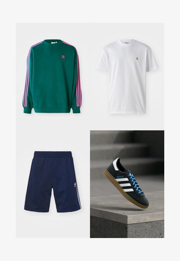 Πράσινο sweatshirt με μακριά μανίκια, στρογγυλή λαιμόκοψη, ροζ τρεις-γραμμές λεπτομέρειες στους ώμους και μικρό ροζ λογότυπο στο στήθος. Μαλακή υφή υφάσματος.; Λευκό βαμβακερό T-shirt με κοντά μανίκια, κλασική λαιμόκοψη, που διαθέτει ένα μικρό χρυσό λογότυπο στην αριστερή περιοχή του στήθους. Μαλακή υφή και κανονική εφαρμογή.; Ναυτικές αθλητικές βερμούδες φτιαγμένες από ελαφρύ ύφασμα, με ελαστική μέση και τρεις λευκές ρίγες στα πλάγια. Εμφάνιση του λογότυπου της Adidas.; Μαύρο αθλητικό παπούτσι Adidas με λευκές ρίγες, μπλε κορδόνια και καουτσούκ σόλα να αιωρείται πάνω από γκρίζο τσιμεντένιο σκαλοπάτι σε απαλό φως.
