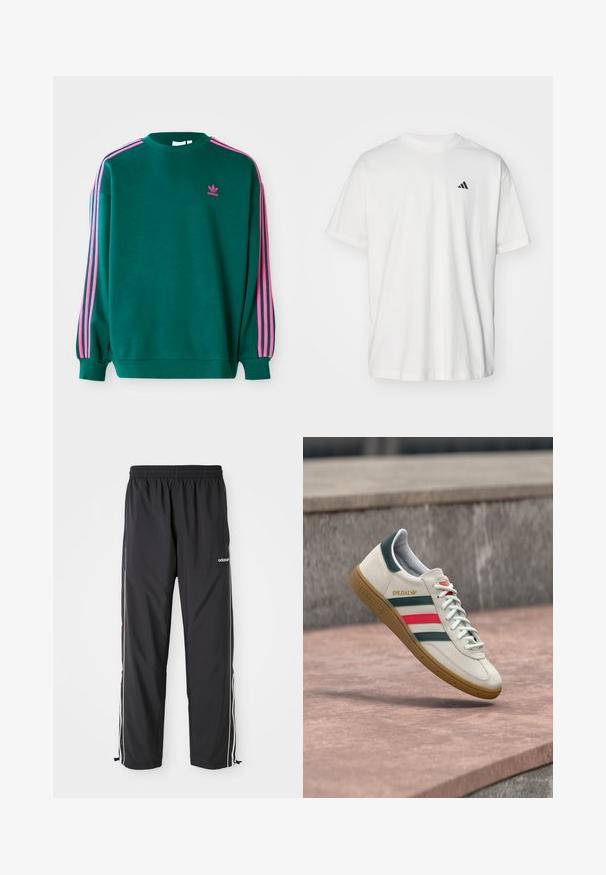 Grøn sweatshirt med lange ærmer, rund hals, pink tre-stribede detaljer på skuldrene og lille pink logo på brystet. Blødt stof.; Hvid bomulds t-shirt med korte ærmer, rund hals og et lille sort Adidas-logo på venstre bryst. Blød tekstur, afslappet pasform.; Sorte atletiske bukser lavet af letvægtsstof, med hvide sidelister, elastisk talje og justerbare ankelmanchetter.; Hvid Adidas sneaker med grønne og røde striber, gummisål og "SPEZIAL" branding, der svæver over stensat belægning.