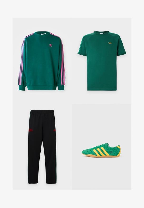 Πράσινο sweatshirt με μακριά μανίκια, στρογγυλή λαιμόκοψη, ροζ τρεις-γραμμές λεπτομέρειες στους ώμους και μικρό ροζ λογότυπο στο στήθος. Μαλακή υφή υφάσματος.; Πράσινο κοντομάνικο T-shirt Adidas με στρογγυλή λαιμόκοψη, χρυσό λογότυπο trefoil στο στήθος και άσπρες ρίγες με πράσινα περιθώρια στους ώμους.; Μαύρο αθλητικό παντελόνι με ελαστική μέση, πράσινες πλαϊνές ρίγες και κόκκινο κεντητό λογότυπο και στις δύο πλευρές. Λείο, ελαφρύ υλικό.; Πράσινα υφασμάτινα αθλητικά παπούτσια με κίτρινες λεπτομέρειες και τρεις ρίγες, με ζιγκ ζαγκ μοτίβο και σόλα από καουτσούκ χρώματος τσίχλας.