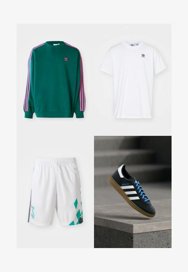 Sudadera verde con mangas largas, cuello redondo, acentos en tres franjas rosas en los hombros y pequeño logo rosa en el pecho. Textura de tela suave.; Camiseta blanca de algodón con mangas cortas, escote redondo y un logo negro de Adidas con tres franjas en la zona del lado izquierdo del pecho.; Shorts deportivos blancos con cintura elástica, que presentan un patrón geométrico en color azul verdoso y detalles en negro en los laterales. Incluye el número "3" grande.; Zapatilla negra Adidas con franjas blancas, cordones azules y suela de goma flotando sobre un escalón de hormigón gris con luz suave.