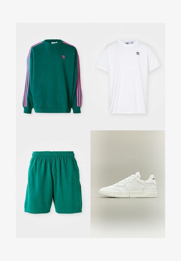 Grøn sweatshirt med lange ærmer, rund hals, pink tre-stribede detaljer på skuldrene og lille pink logo på brystet. Blødt stof.; Hvid bomulds T-shirt med korte ærmer, rund halsudskæring og et sort Adidas-logo med tre striber på venstre brystområde.; Grønne bomuldsbukser med elastisk talje, sidelommer og sømmet kant. Glat tekstur med en afslappet, casual pasform.; Hvid lavtop-sneakers med snørelukning, glat læderoverdel og mærket detalje på hælen, vist mod en neutral baggrund.
