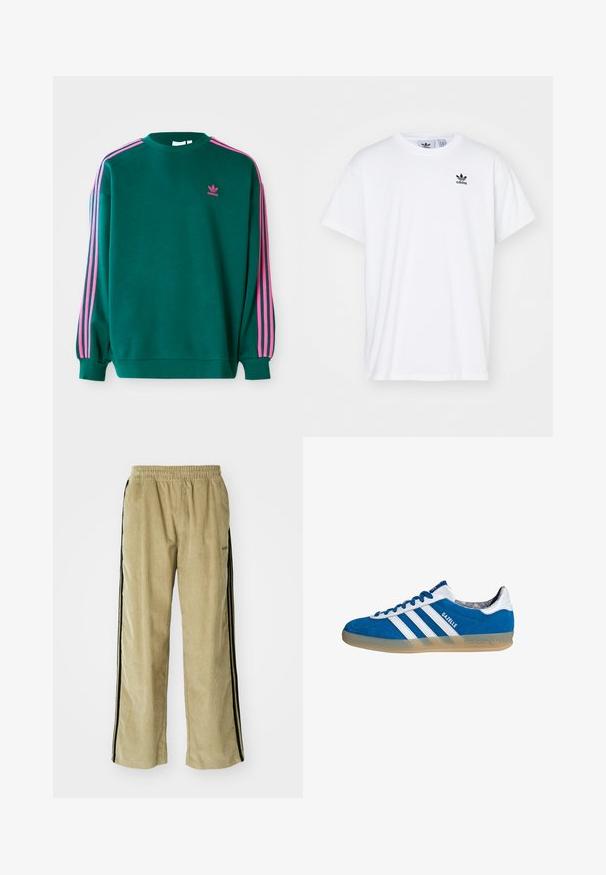 Sudadera verde con mangas largas, cuello redondo, acentos en tres franjas rosas en los hombros y pequeño logo rosa en el pecho. Textura de tela suave.; Camiseta blanca de algodón con mangas cortas, escote redondo y un logo negro de Adidas con tres franjas en la zona del lado izquierdo del pecho.; Pantalones de pana beige con cintura elástica, con franjas laterales negras. La tela tiene una textura acanalada y es ligeramente acampanada en el fondo.; Zapatilla Adidas Gazelle azul y blanca con suela de goma y tres franjas blancas, vista desde un lado sobre un fondo blanco.