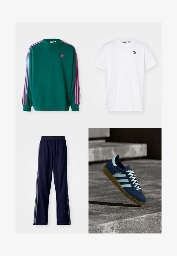Sudadera verde con mangas largas, cuello redondo, acentos en tres franjas rosas en los hombros y pequeño logo rosa en el pecho. Textura de tela suave.; Camiseta blanca de algodón con mangas cortas, escote redondo y un logo negro de Adidas con tres franjas en la zona del lado izquierdo del pecho.; Pantalones deportivos azul marino con cintura elástica, que presentan tres franjas laterales blancas y un diseño de pierna recta. Textura de mezclilla suave.; Zapatilla azul Adidas Spezial con rayas y cordones blancos, suela de goma, flotando sobre una superficie de hormigón rugosa y escaleras de fondo.