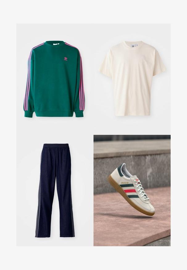 Grüner Sweatshirt mit langen Ärmeln, Rundhalsausschnitt, rosa drei Streifen Akzenten an den Schultern und kleinem rosa Logo auf der Brust. Weiche Stoffstruktur.; Cremfarbene Baumwoll-T-Shirt mit rundem Halsauschnitt und kurzen Ärmeln; verfügt über ein kleines, helles Logo auf der Brust.; Marineblaue Sporthosen mit einem elastischen Bund, ausgestattet mit drei weißen seitlichen Streifen und einem geraden Bein. Weicher Denim-Look.; Weißer Adidas Sneaker mit grünen und roten Streifen, Gummisohle und "SPEZIAL"-Branding, der über einem Steinpflaster schwebt.